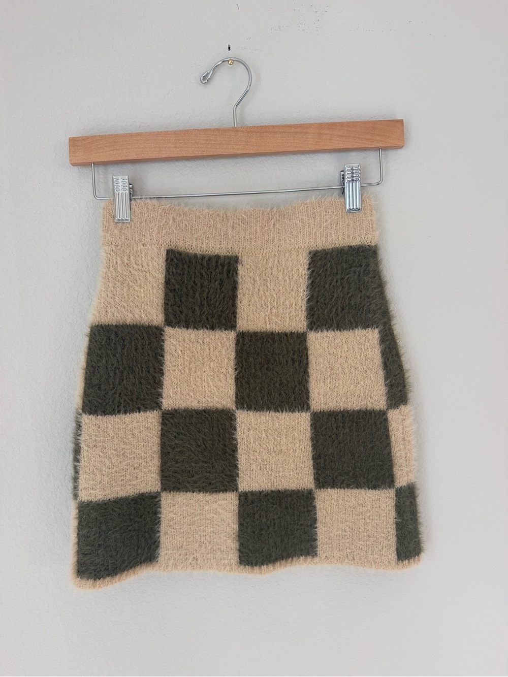 Forever 21 Checkerboard Fuzzy Mini Skirt in Beige and Dark Green